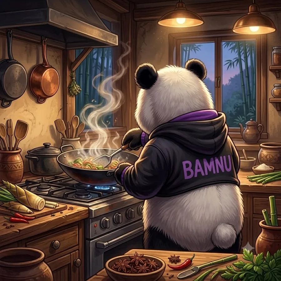 BAMNU panda cooking in a bamboo kitchen